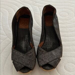 Tory Burch Black Wedge Peep-Toe Shoes